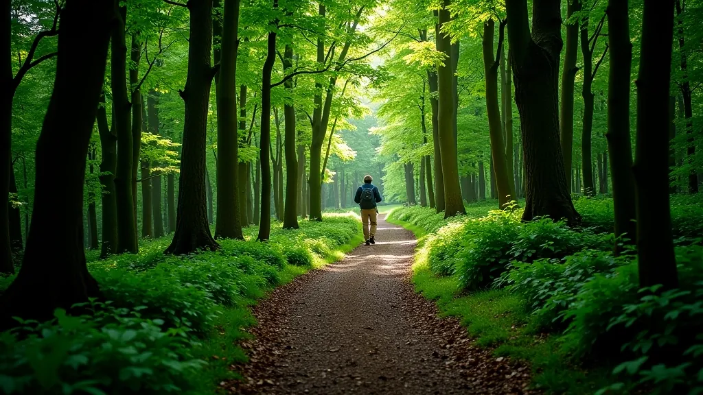 Forest path winding upward through dense green woodland with dappled sunlight filtering through tall trees