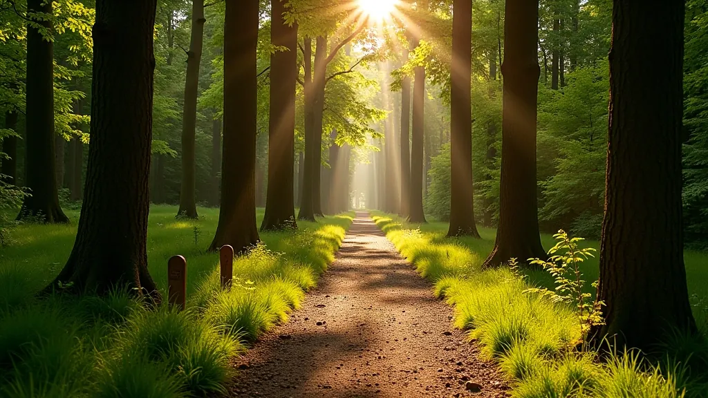 Dense forest hiking trail with tall trees and natural woodland scenery