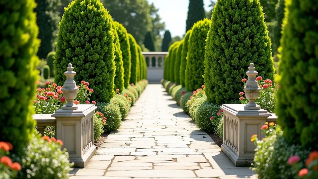 Formal garden with stone pathways and manicured hedges at Powerscourt estate