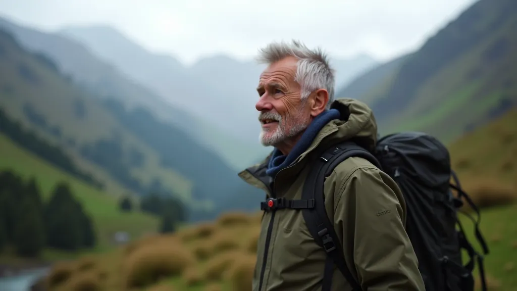 Hiker with backpack hiking on mountain trail, upper body visible, mountain landscape background, outdoor adventure photography, natural daylight