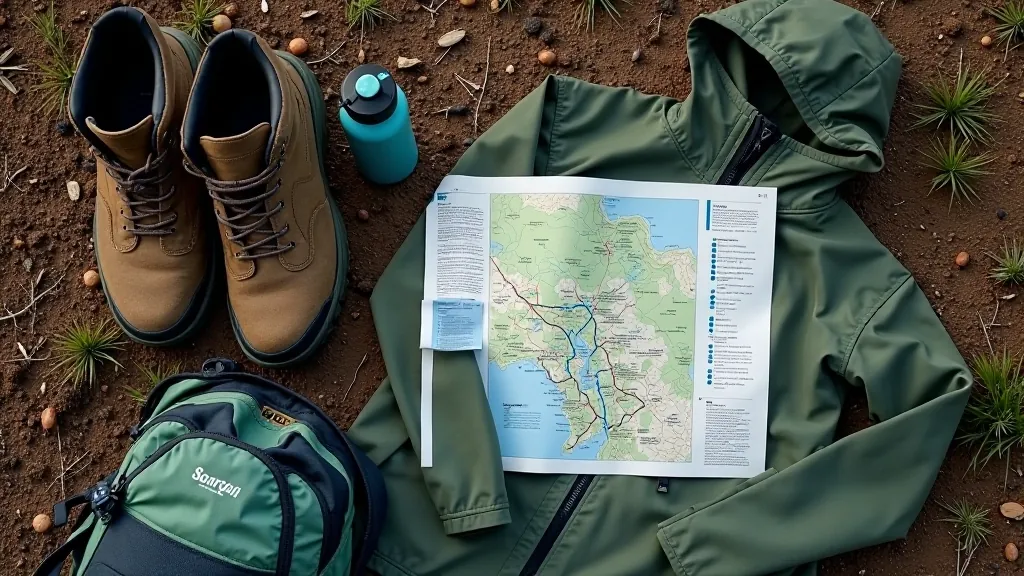 Overhead view of hiking essentials laid out including boots, water bottle, map, backpack and rain jacket on natural ground