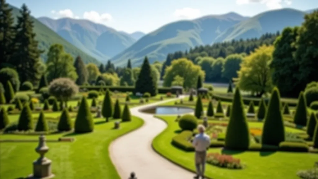 Powerscourt estate gardens with manicured lawns, stone terraces, and mountain backdrop visible in distance
