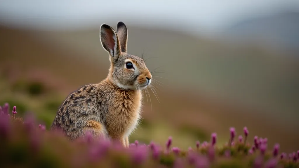 Mountain hare in its natural moorland habitat surrounded by heather and wild grasses on hillside