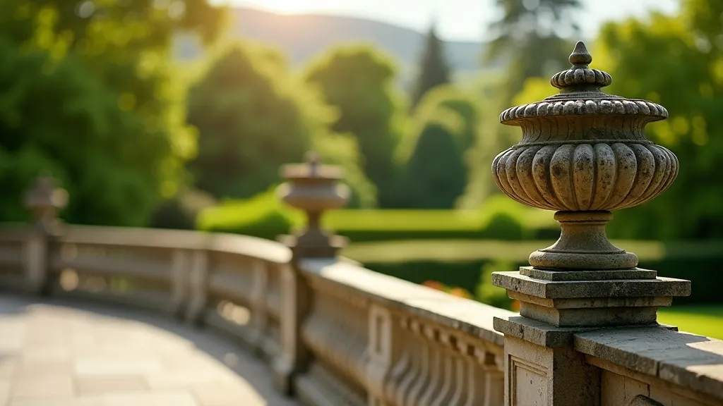 Ornate stone balustrade with decorative urns, overlooking manicured hedge gardens and distant estate grounds