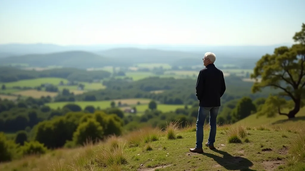 Panoramic hilltop viewpoint overlooking entire Powerscourt estate with gardens, forests and distant valley, expansive landscape view