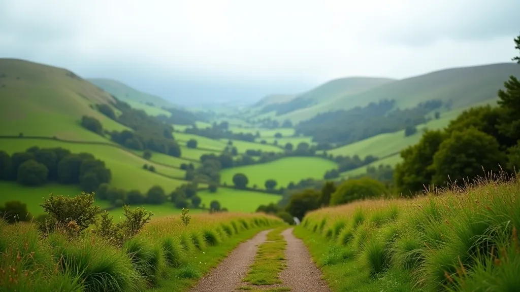 Scenic valley viewpoint with rolling green hills and winding walking path below, clear day with good visibility