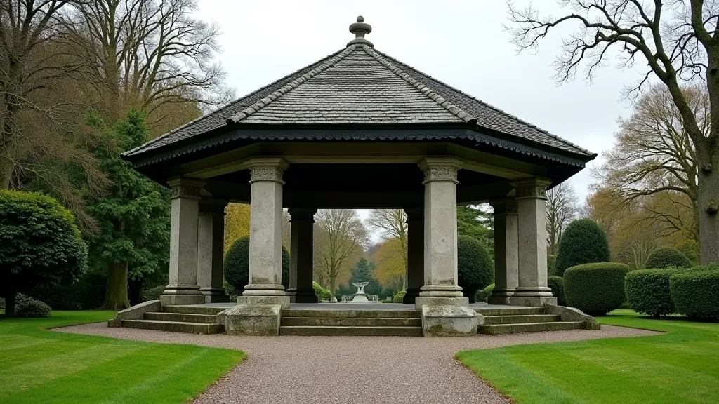 Stone pavilion shelter structure in gardens with open design, weathered stone and wooden beams, park setting during overcast weather