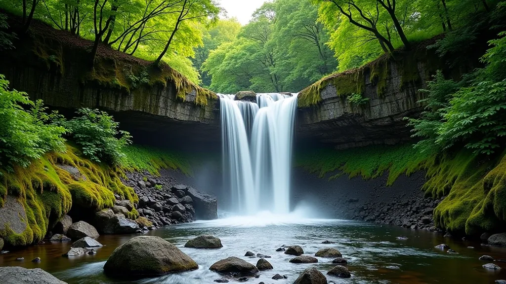 Mountain waterfall cascading down rocky terrain surrounded by green vegetation and trees
