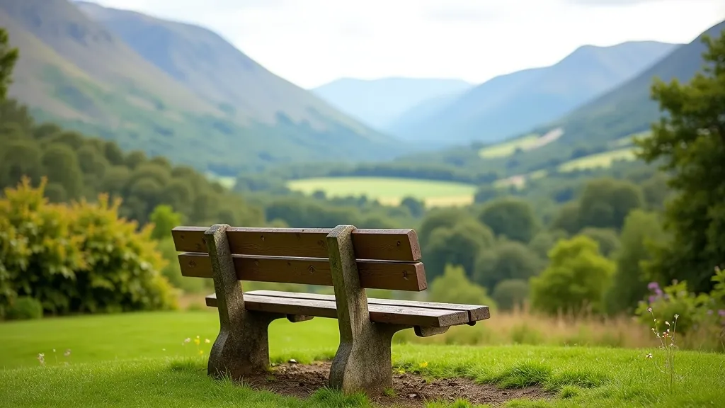 Wooden park bench positioned on hillside overlooking valley landscape